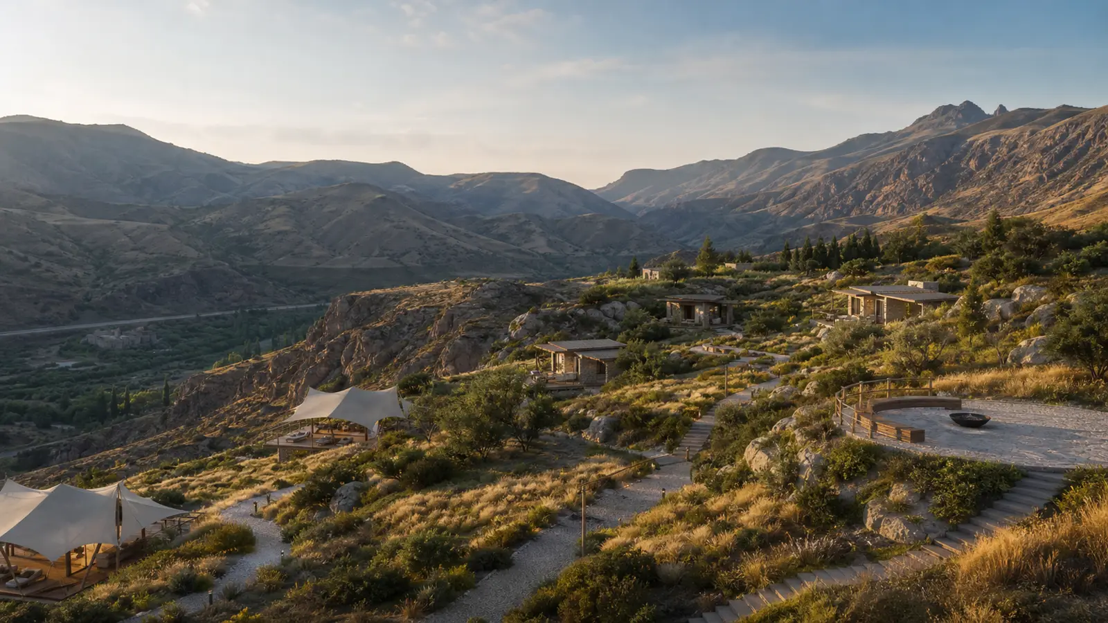 Концептуальная визуализация возможного eco-resort, glamping и villa project в горной локации Армении